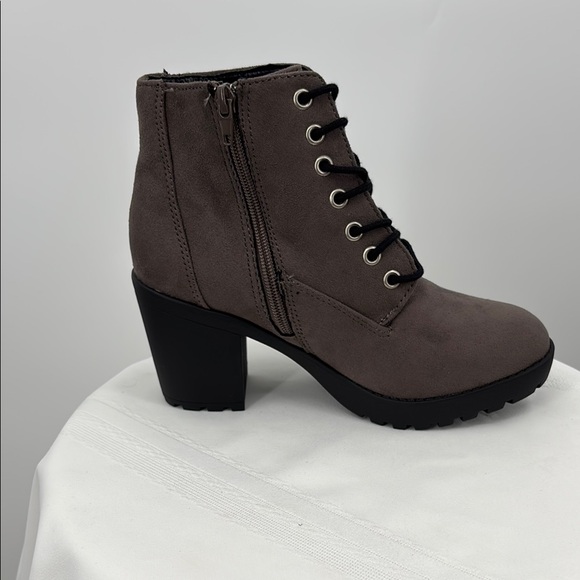 Soda Taupe Lace Up Boots with Chunky Heel and Treaded Sole - Picture 2 of 5